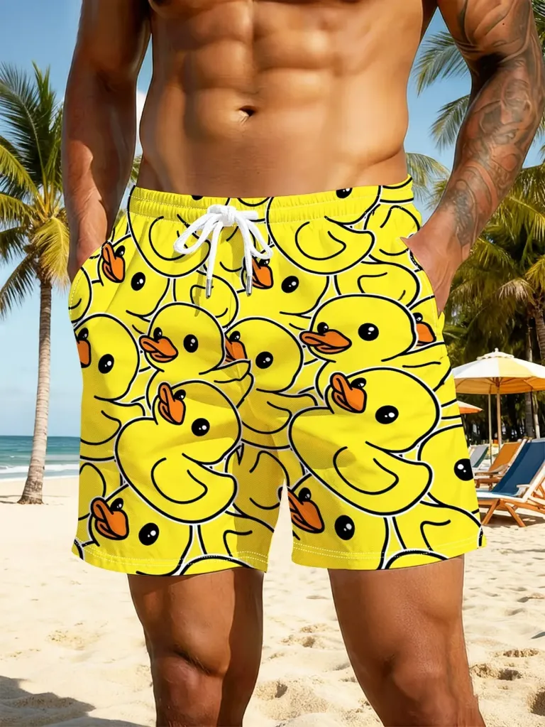 Men's Quick-Dry Swim Shorts with Yellow Rubber Duck Print