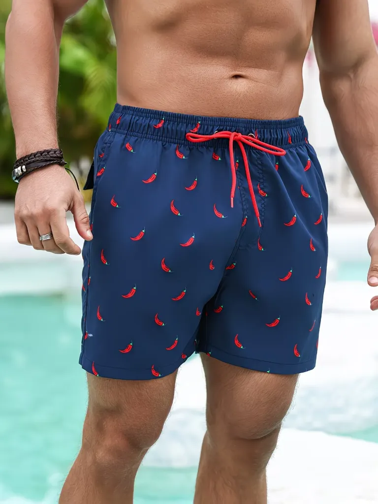 Men's Quick-Dry Swim Shorts Navy Blue with Hot Pepper (MEDIUM)