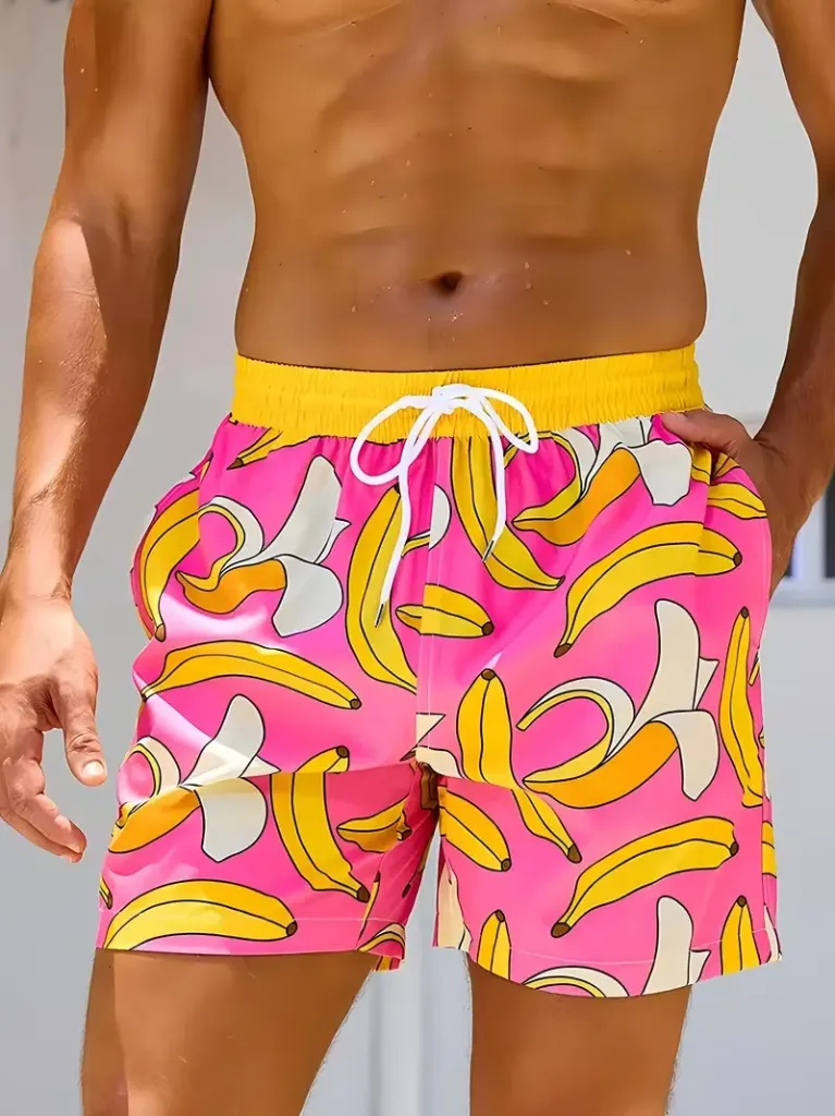 Men's Quick-Dry Swim Shorts Pink with Bananas (MEDIUM)
