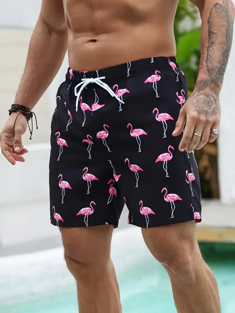 Men's Quick-Dry Swim Shorts Black with Flamingos