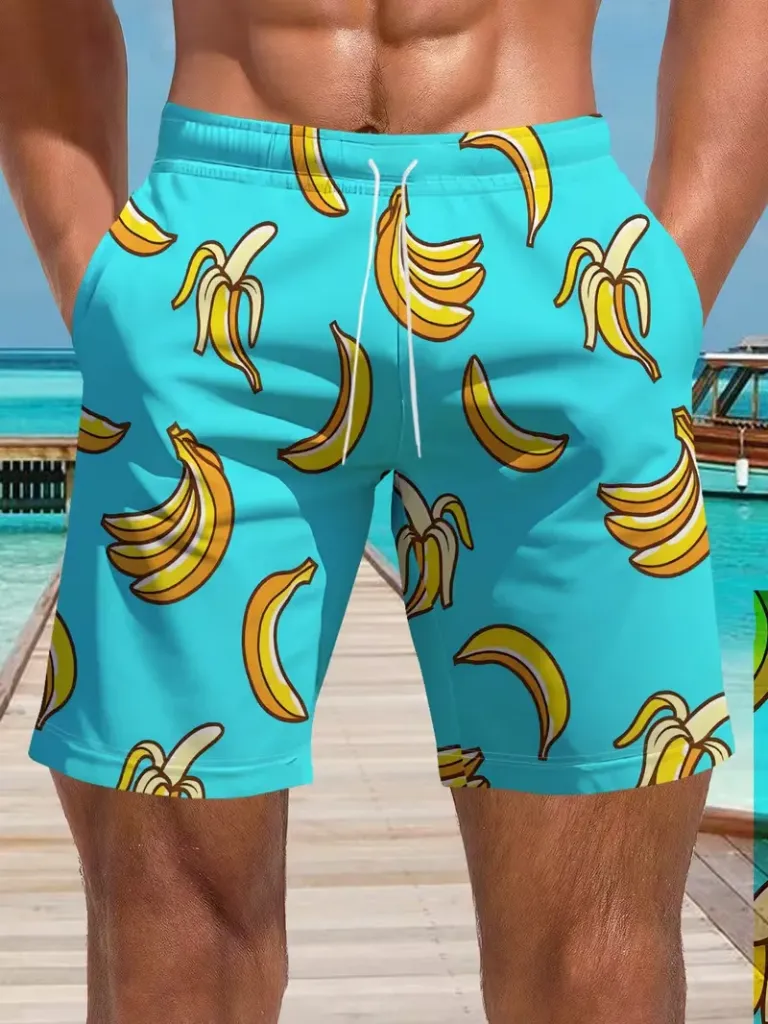 Men's Quick-Dry Swim Shorts Light Blue with Bananas