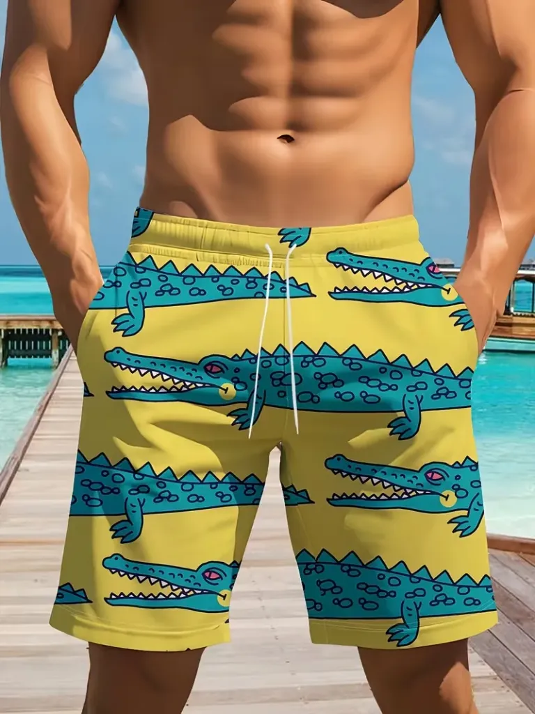 Men's Quick-Dry Swim Shorts Yellow with Crocodiles