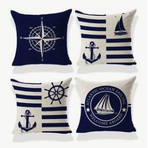 4 Pcs Nautical Polylester Linen Throw Pillowcases Blue Series 18x18 Inch Sailboat Compass Anchor Memorial Decorative Cushion Cover Bedroom Without Pillow Core